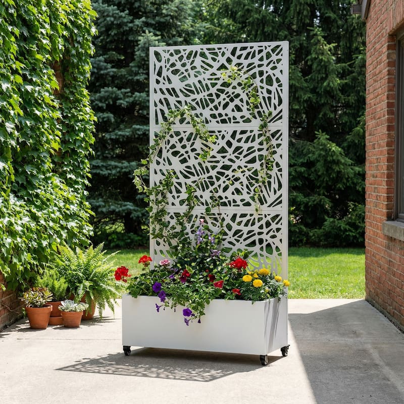 Metal Galvanized Planter Box with Trellis Privacy Screen Lockable Wheels