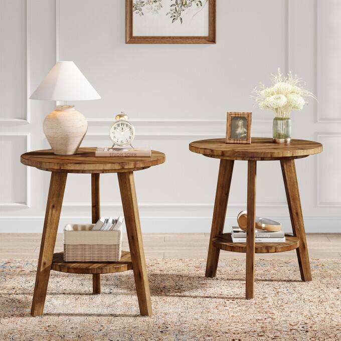 2-Tier Solid Wood Side Table, Circular End Table, Rustic Bedside Table - 2PC - Brown