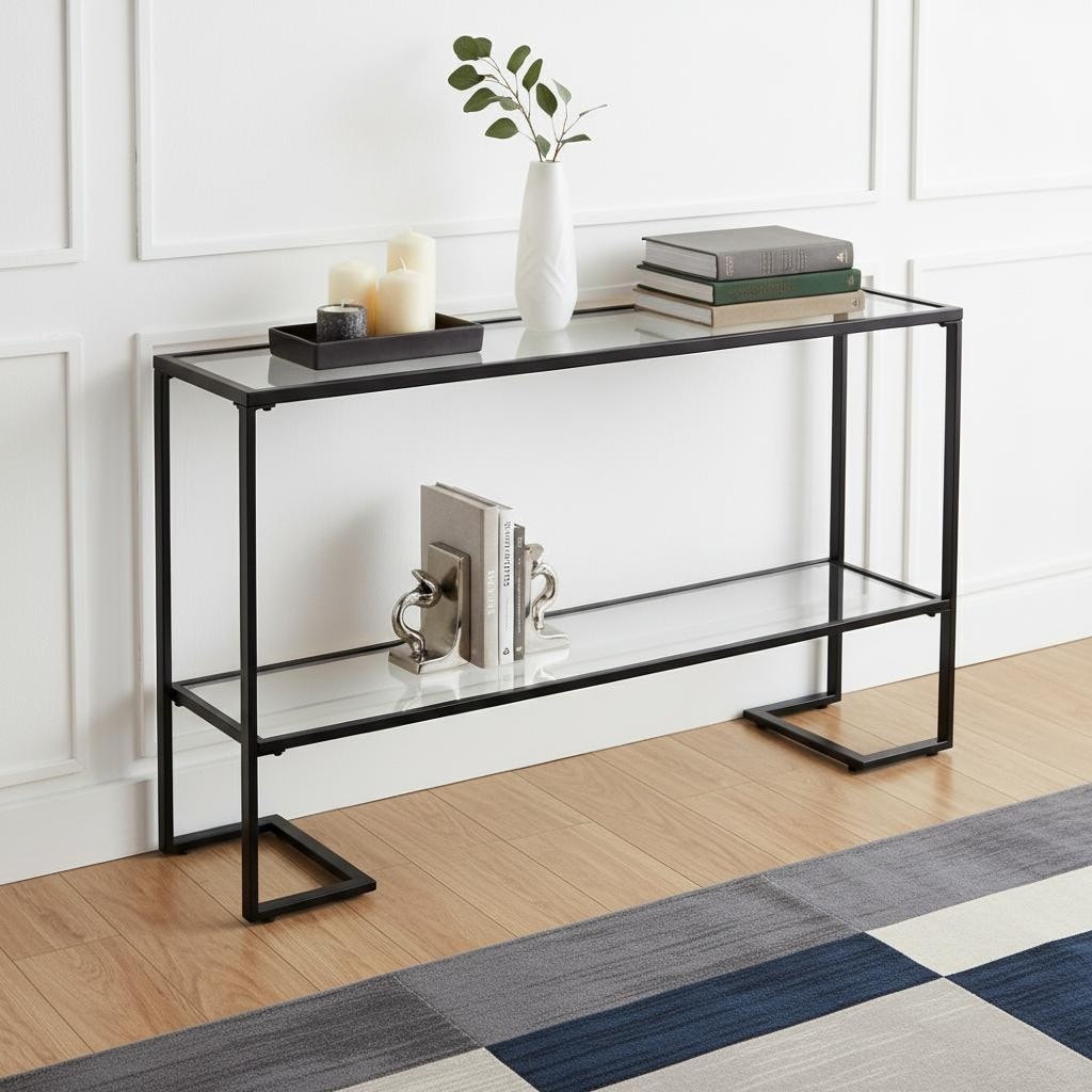 HomeRoots 52" Clear and Black Glass Mirrored Sled Console Table With Shelves - 52.00 in. x 29.00 in. x 12.00 in.
