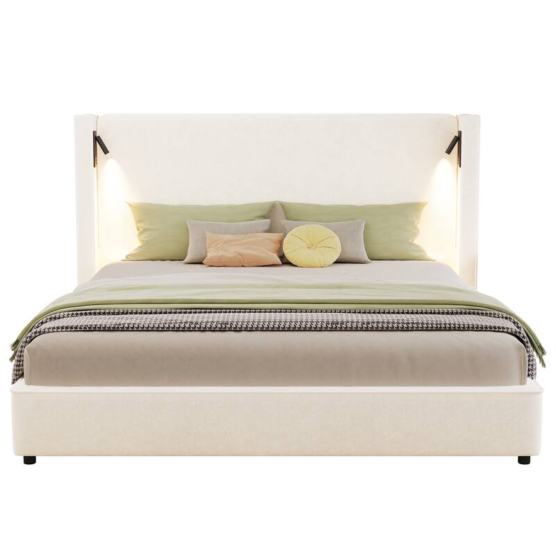 Beige Upholstered Bed Frame with High Wingback Headboard, Reading Lamp and USB Port, Low-Profile Platform Bed for Bedroom