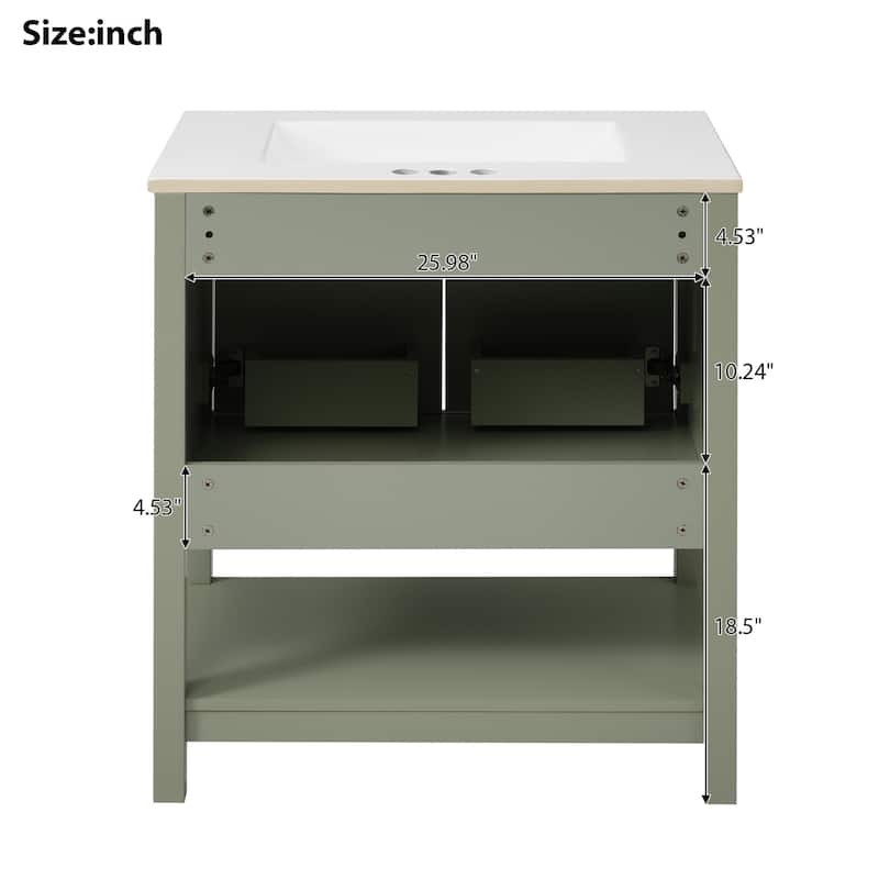 30-Inch Bathroom Vanity with Ceramic Sink, Gold Handles & Storage Shelves - Elegant Space-Saving Design