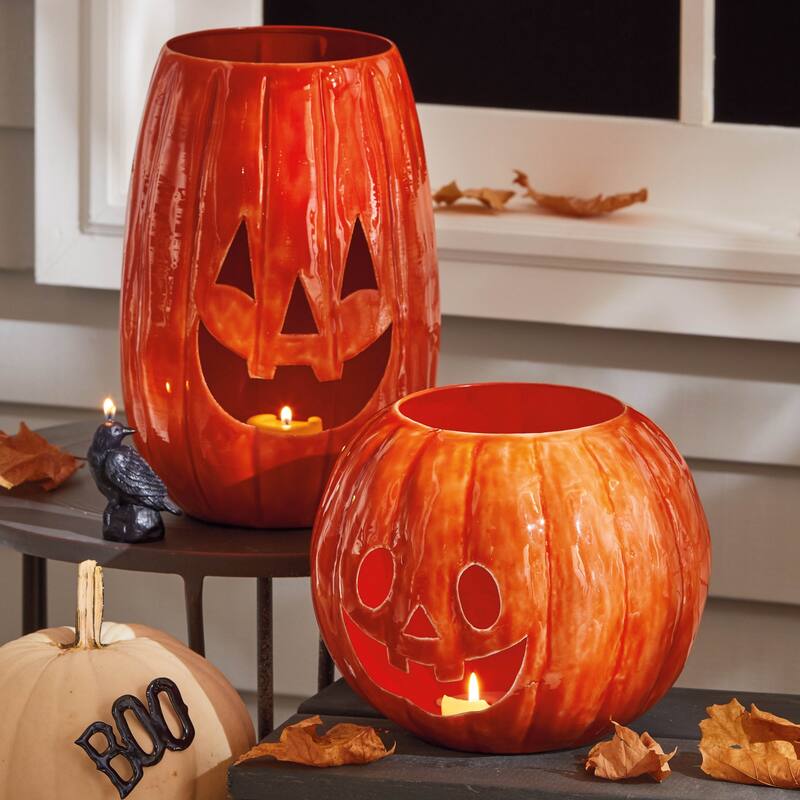 Jack-O-Lantern Enamel Luminary Tall Candle Holder for Halloween Orange Terracotta 8.5 in x 8.5 in x 12.25 in