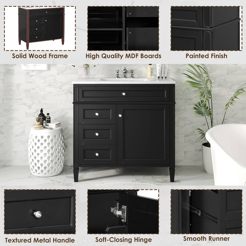 Modern Single Sink Bathroom Vanity Cabinet with Door Rack, Tip-out Drawer, 2 Pull-out Drawers, Metal Knobs and Adjustable Shelf