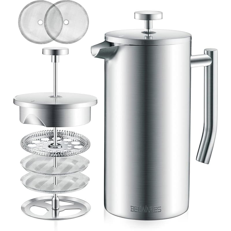 French Press Coffee Maker – Insulated Coffee Press Stainless Steel 304 – Coffee Spoon, Double Wall, & 4 Level Filtration System - Silver - 34oz