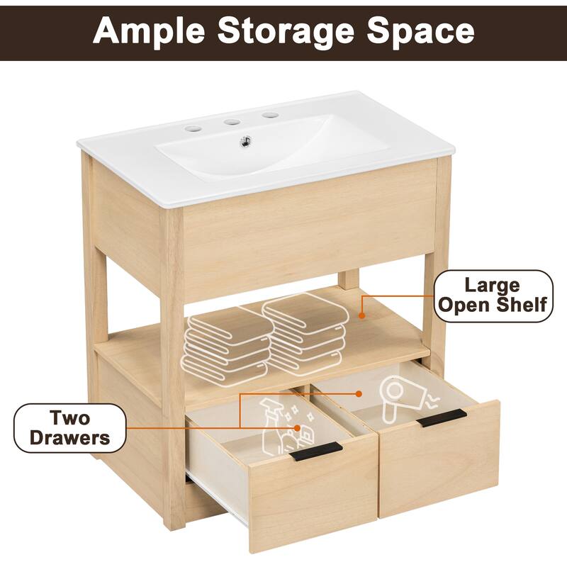 Modern 30" Bathroom Vanity with Sink Top, Open Shelf & Two Drawers, Solid Wood Frame and MDF Board