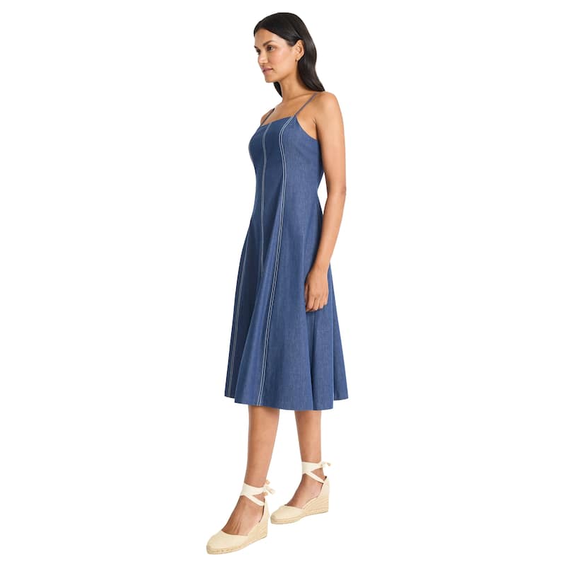 Square Neck Sleeveless A-Line Midi Dress With Contrast Topstitching And Back Zipper - Denim - 10