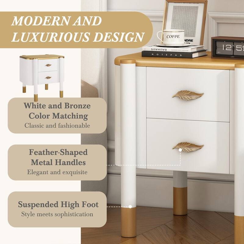 Contemporary Curved 2-Drawer Nightstand with Metal Feather Handles and Exposed Legs