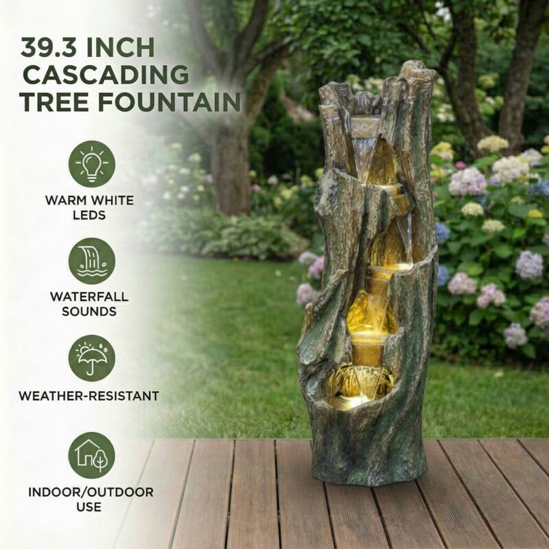 39.4 Inch Tree Design Outdoor Waterfall Fountain Freestanding Fiberglass Resin Water Feature with LED Lights - N/A