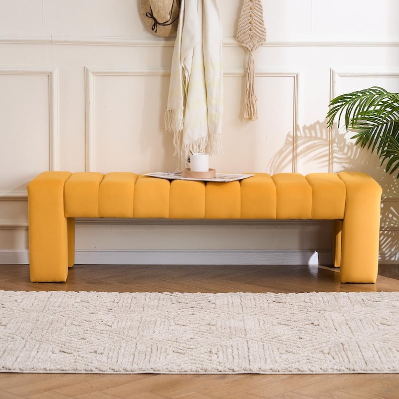 Upholstered Bedroom Bench Tufted Entryway Bench Modern End of Bed Bench Dining Bench with Gold/Black Metal Legs for Window - 59.5" Wide - Mustard