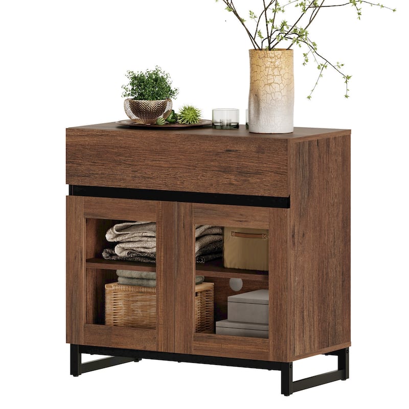 WAMPAT Modern TV Stand with Glass Doors for 110 inch TVs, Entertainment Center Console with 3 Drawers and Metal Base