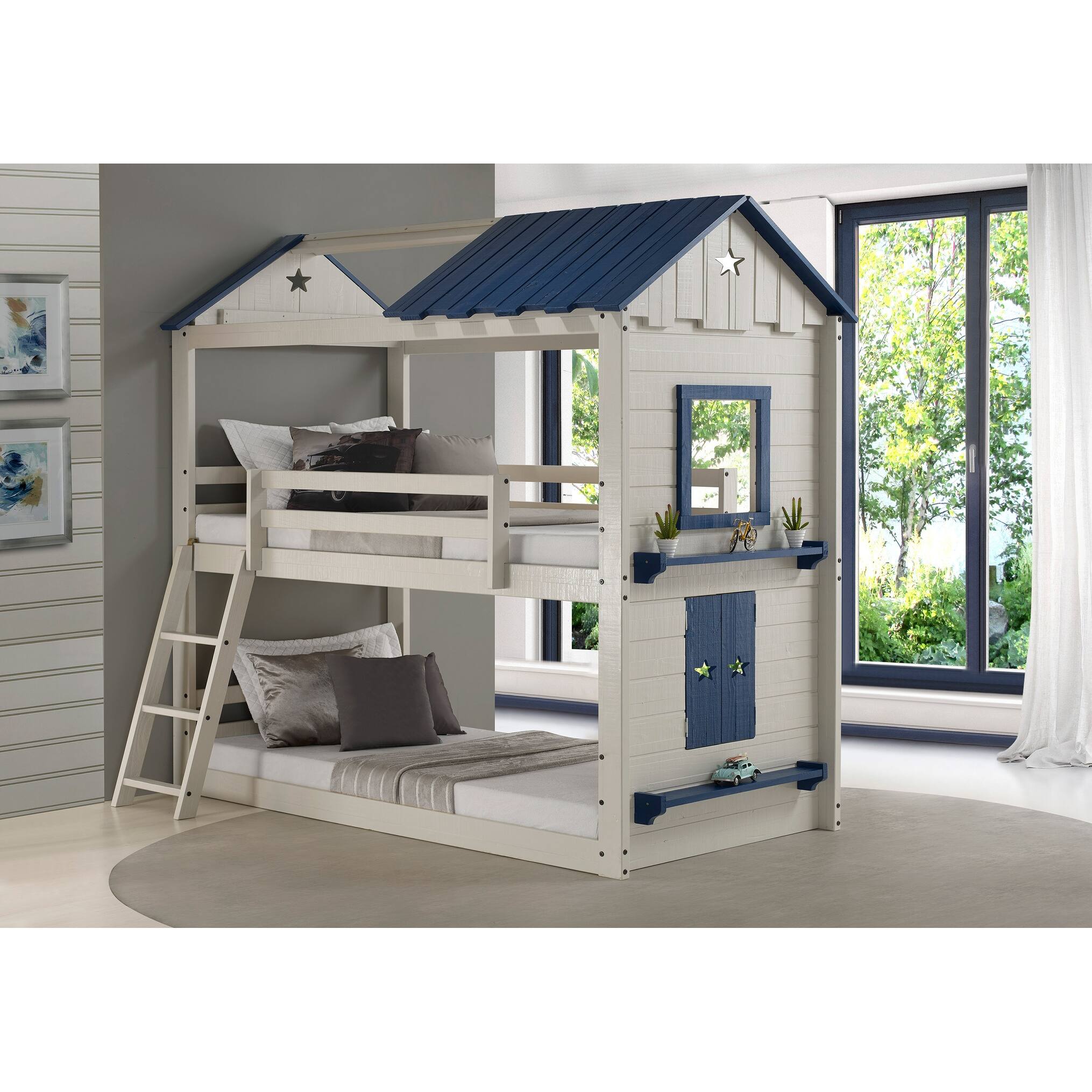 Star Gaze Grey and Blue TwinoverTwin Bunk Bed with Blue Tent Bed