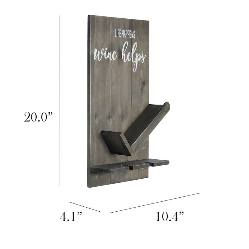 Elegant Designs Lucca Wall Mounted Wooden “Life Happens Wine Helps” Wine Bottle Shelf with Glass Holder