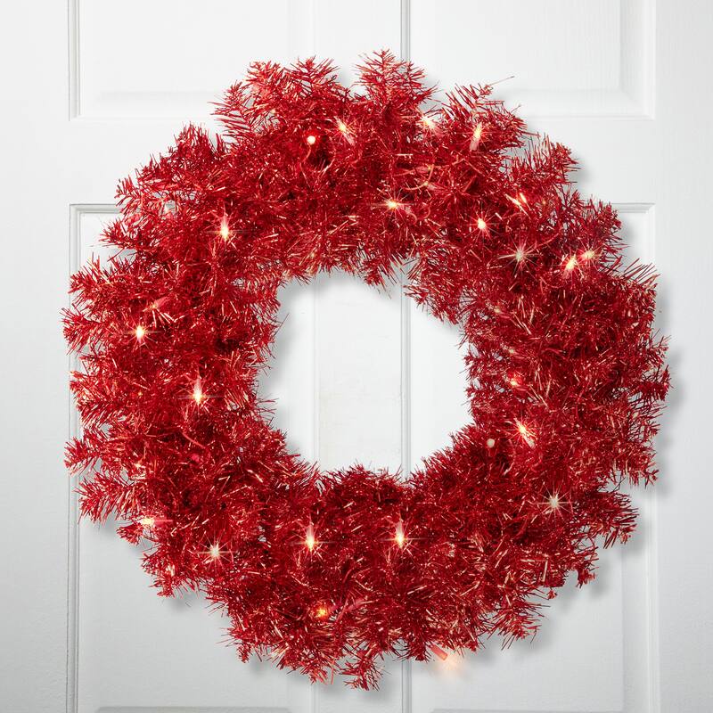 Pre-Lit Tinsel Artificial Christmas Wreath - 24" - Red - Clear Lights