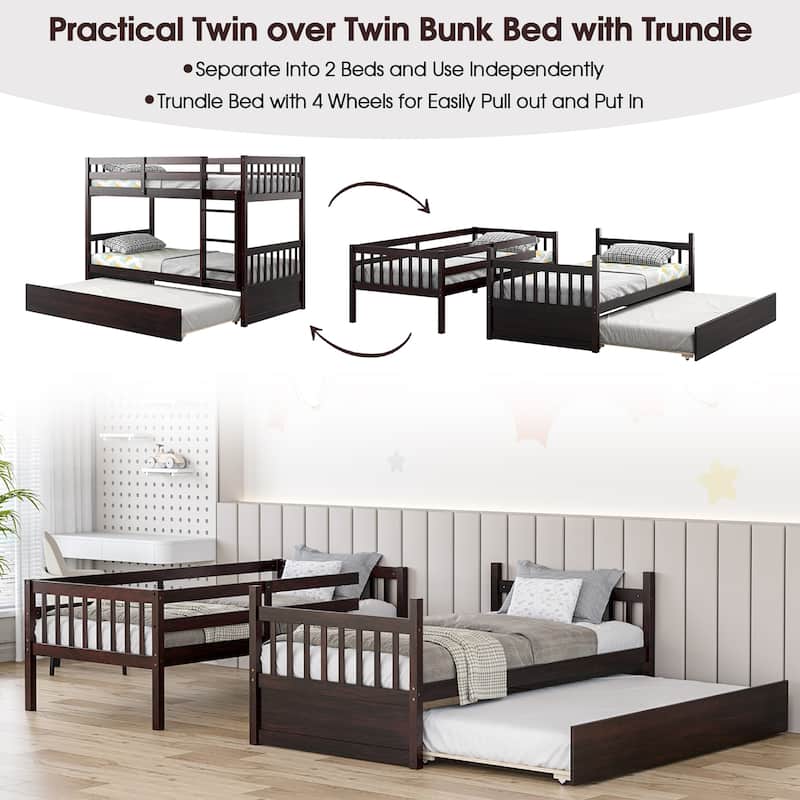 Twin Over Twin Bunk Bed with Twin Trundle Solid Wood Frame