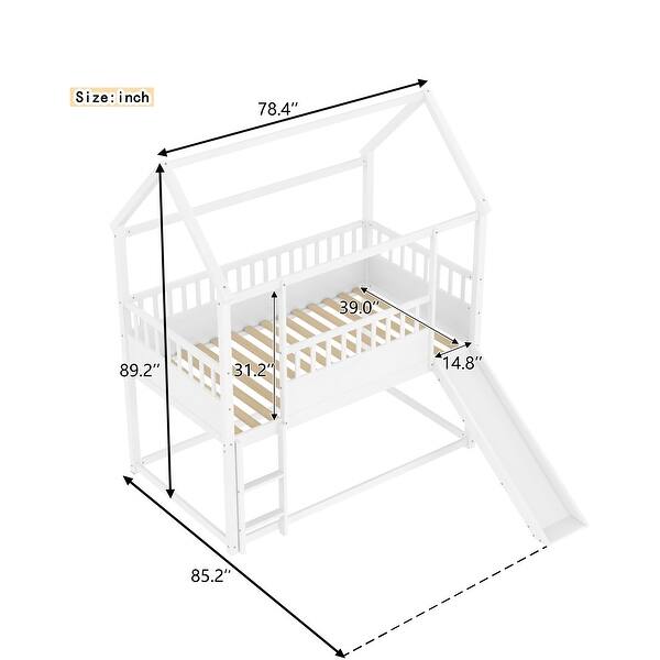 dimension image slide 1 of 2, Wooden House Bunk Bed with Convertible Slide and Ladder,Twin Over Twin