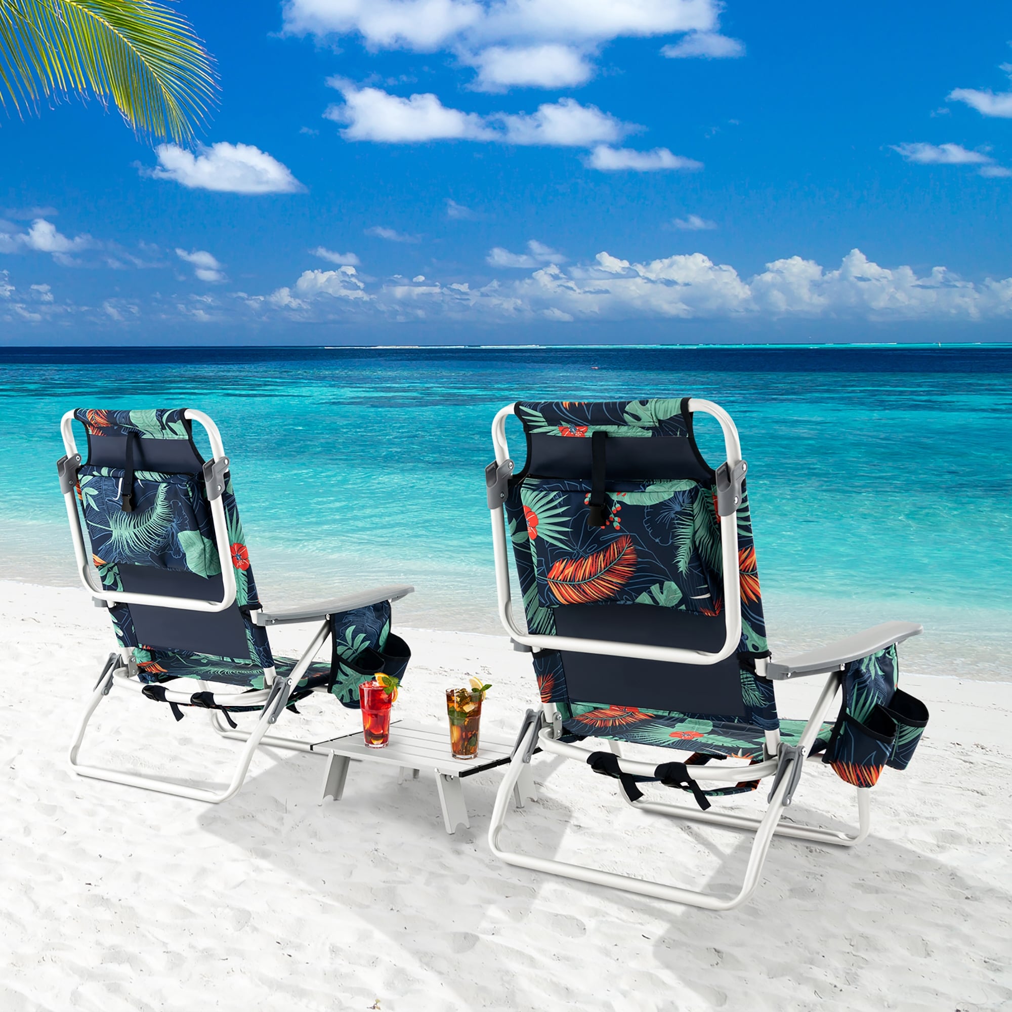 Gymax 2-Pack Folding Backpack Beach Chair Table Set 5-Position Outdoor
