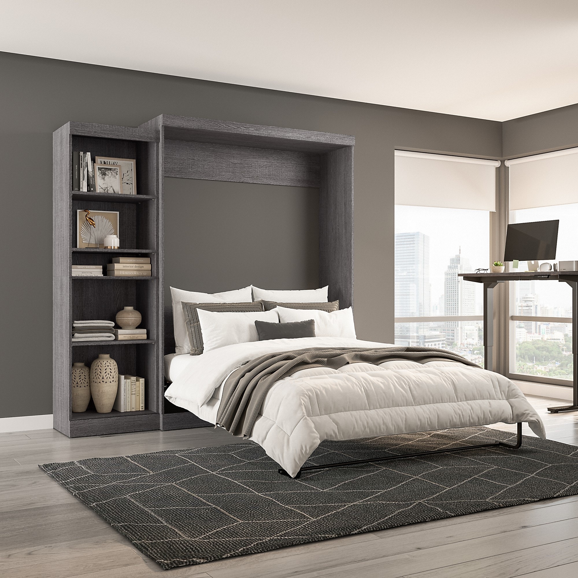Pur Queen Murphy Bed with Shelving Unit (90W), Wall Bed by Bestar