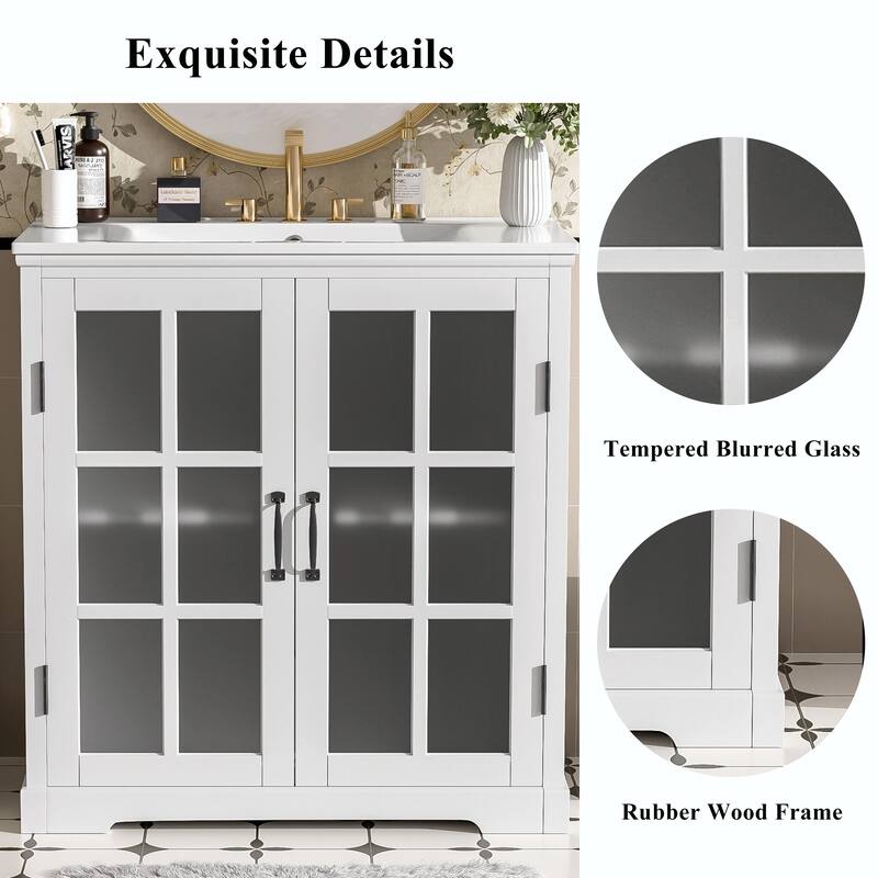 30" Modern Bathroom Vanity with Ceramic Sink, Bathroom Vanity Cabinet with Tempered Blurred Glass