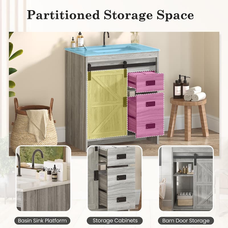 EROMMY Farmhouse Bathroom Vanity with Ceramic Top and Sliding Barn Door Sink Cabinet, Rustic Single Sink Vanity