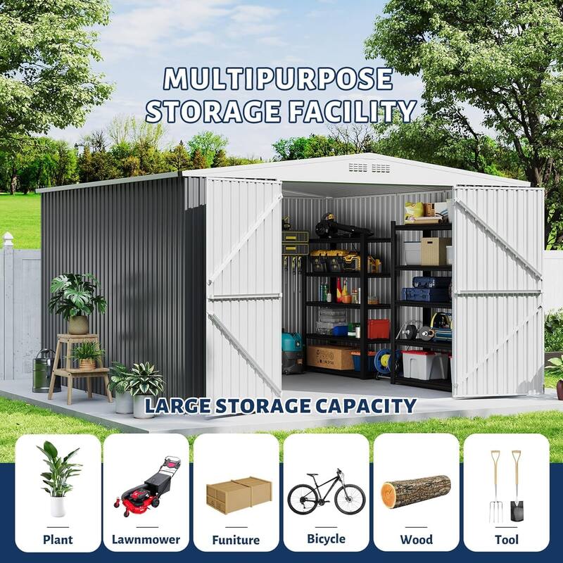 10x10FT Outdoor Metal Storage Shed Galvanized Steel Tool Sheds House with Lockable Doors & Air Vent, Large Utility Sheds