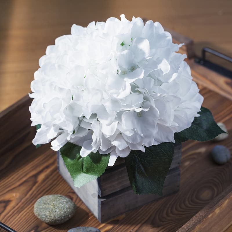 Enova Home Artificial Silk Hydrangea Fake Flowers Arrangement in Wood Planter for Home Office Wedding Decoration