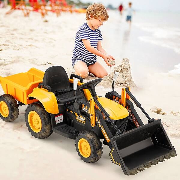 slide 2 of 8, EROMMY Electric Excavator Ride-On Toy with Remote Control, Horn, Lights, Music Player, and Safety Belt 2-4 Years - B-Yellow