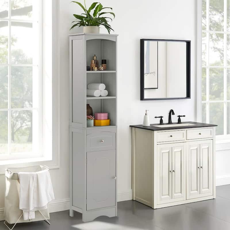 Wooden Freestanding Tall Bathroom Storage Linen Cabinet - Grey
