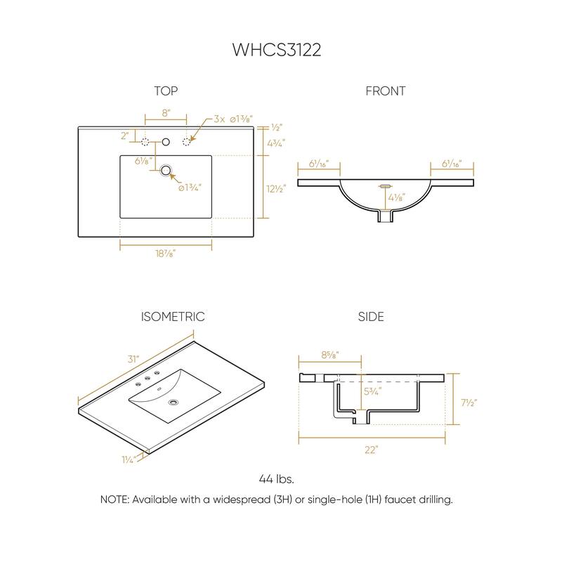Countertop Vanity Sink with Integrated Rectangular Bowl