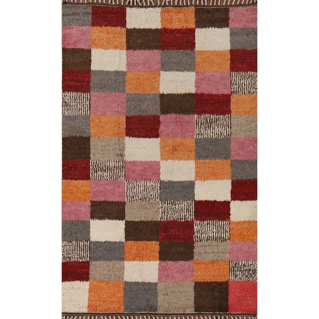 Hand Knotted Oriental 100% Wool Carpet Modern All-Over Multi-Colored Moroccan Area Rug - 9' 4'' X 5' 8''