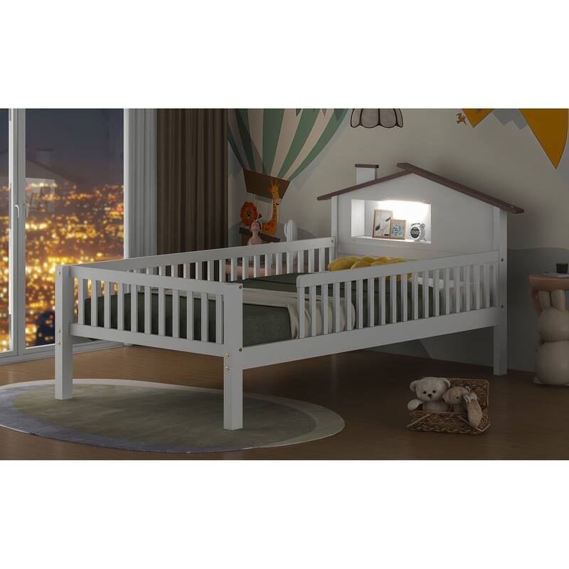 Twin Size Wood Platform Bed with House-shaped Headboard, LED and Built-in Storage