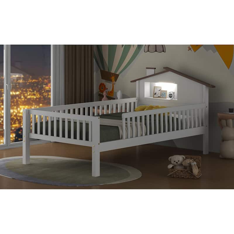 Wood Platform Bed with House-shaped Headboard, LED and Built-in Storage