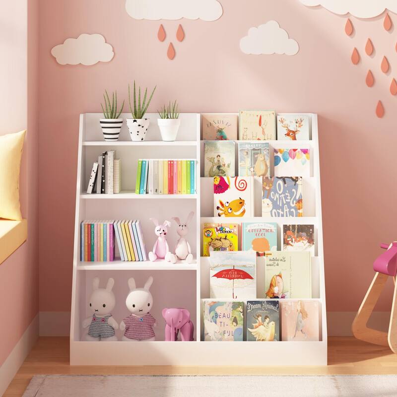 Anmytek Kids Bookcase Large Capacity Trapezoid Bookshelf Eco Friendly Wood Toy Storage Organizer Cabinet