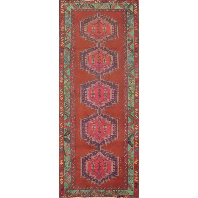 Hand Knotted Oriental 100% Wool Carpet Traditional Geometric Oranges & Rust Ardebil Runner Rug - 10' 3'' X 3' 8''