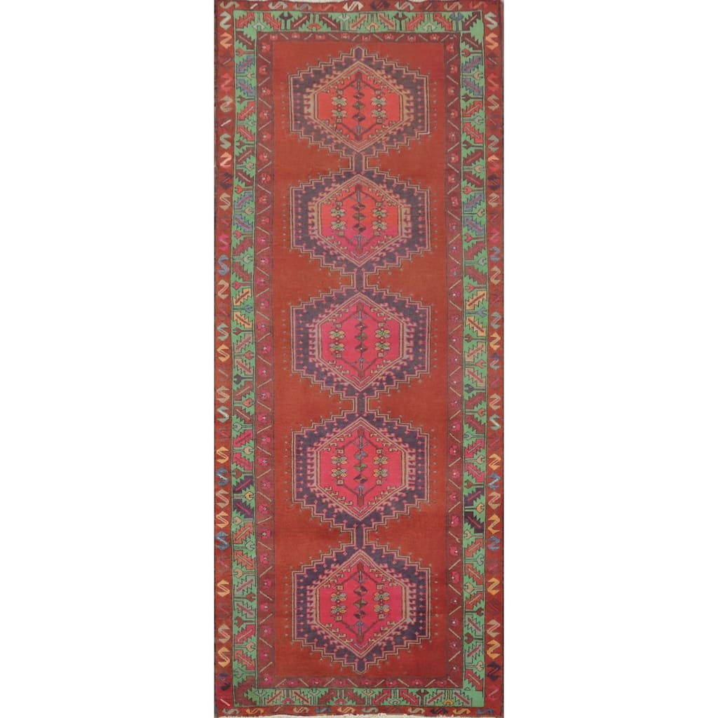Hand Knotted Oriental 100% Wool Carpet Traditional Geometric Oranges & Rust Ardebil Runner Rug - 10' 3'' X 3' 8''