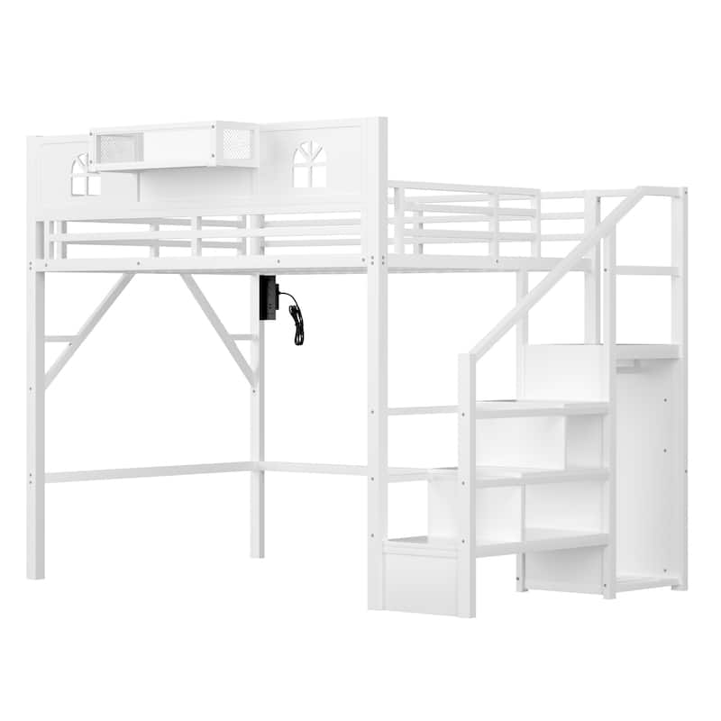 Full / Queen Size Loft Bed with Stairs, House Shaped Guardrails, and Wardrobe Storage