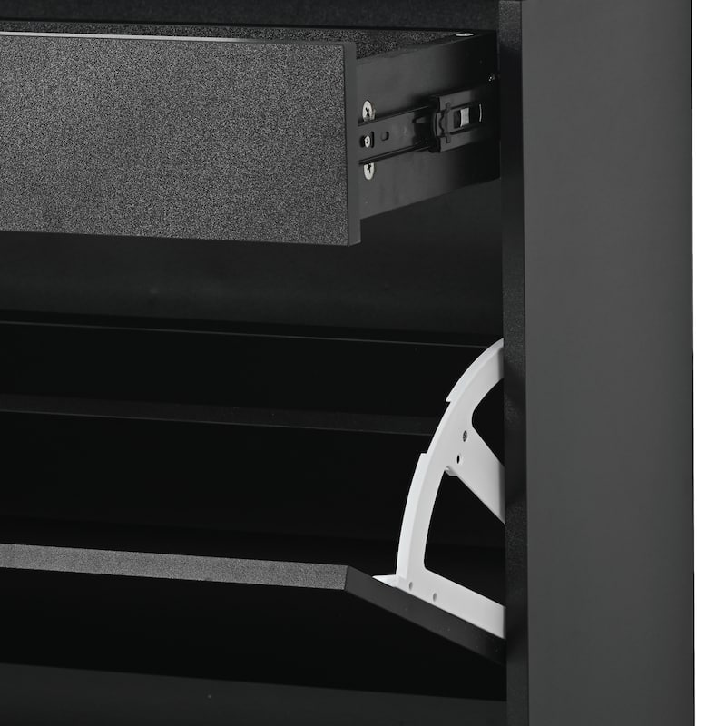 Roomfitters Modern Tipping Bucket Shoe Rack with 2 Flip Doors, Slim Entryway Organizer with Tempered Glass Top