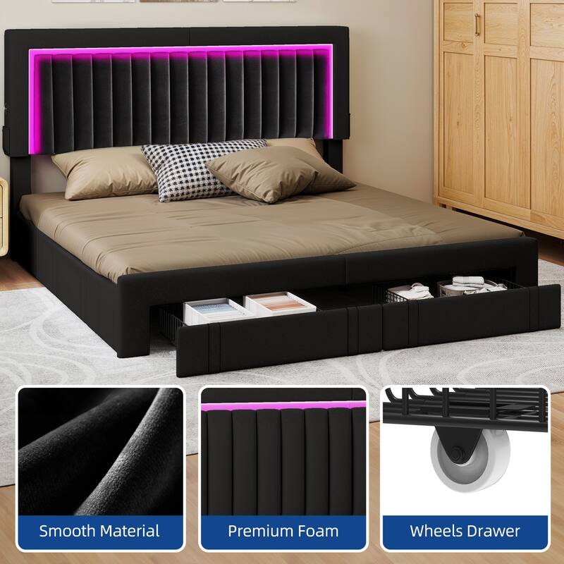 Moasis Velvet Upholstered Platform Bed, Bed Frame with Adjustable Headboard and 4 Storage Drawers