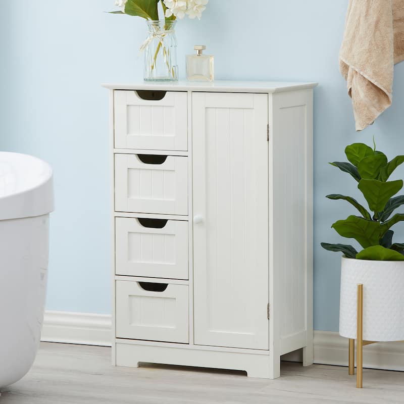 White Wood 4-Drawer 1-Door Bathroom Storage Cabinet - 32.68" H x 22.05" W x 11.81" D