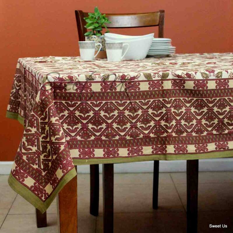 Cotton Floral Buds n Berries Tablecloth Rectangle - 70 x 104 in - 70 x 104 in - Brick Red