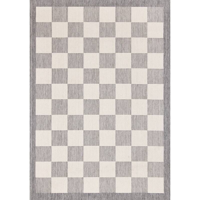 Jackson Collection - Grey Cream Border Checkerboard Indoor Outdoor Area Rug