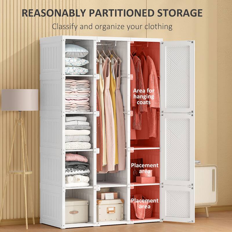 Portable Wardrobe Closet, Folding Bedroom Armoire, Clothes Storage Organizer with 11 Cube Compartments, Hanging Rod Magnet Doors