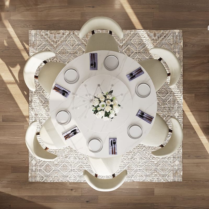 Modern Round White Dining Table，Sintered Stone Tabletop, Solid Black Carbon Steel Base