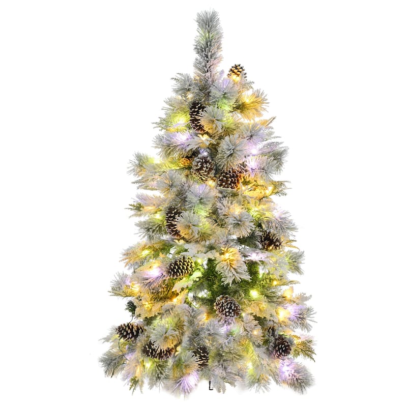 HomeRoots 4' Pre Lit Extra Full Frosted Pine Christmas Tree With Decorations - Green/White - 31.50 in. x 48.00 in. x 31.50 in.
