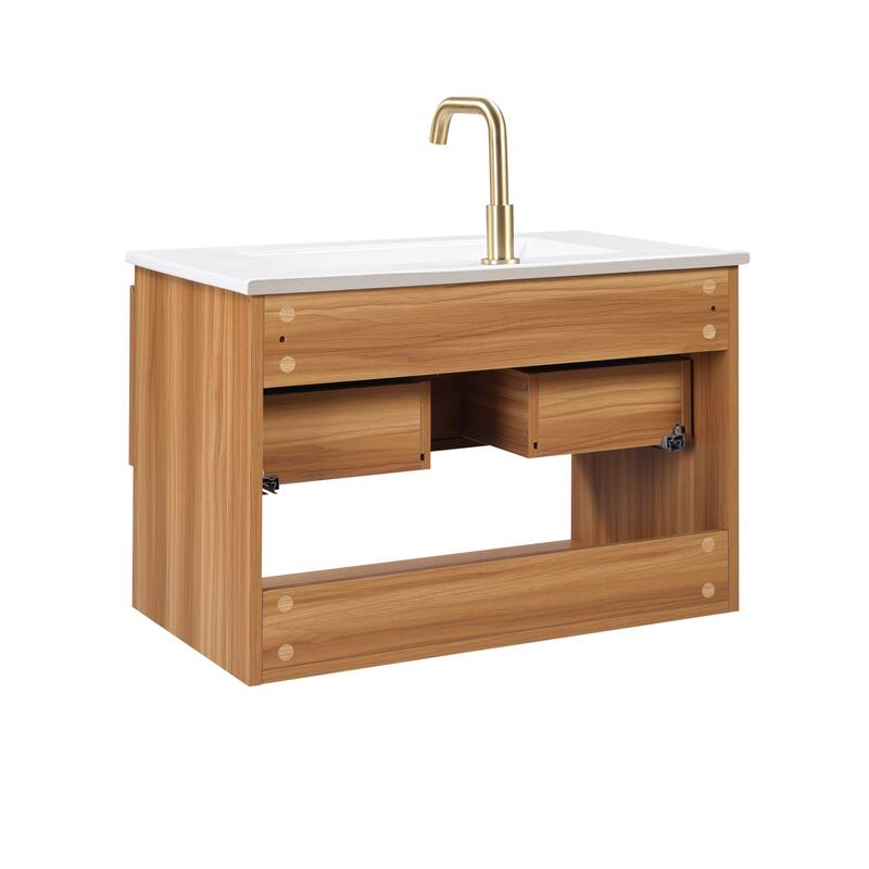 30 Inch Bathroom Vanity Cabinet With Ceramic Sink - Walnut Wall Mounted Floating Fluted Vanity With Drawers