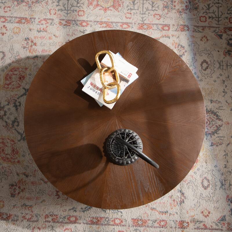 30.31" Round Coffee Table Handcrafted Relief Sturdy Pedestal Wooden Tea Table for Living Room no need to Assemble