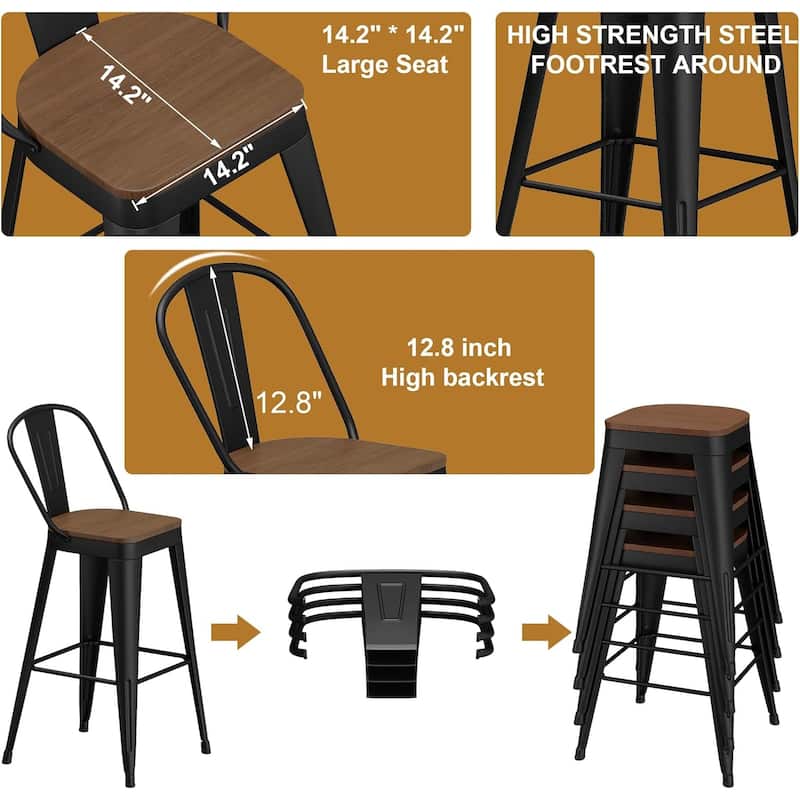 Counter & Bar Stools with Metal Frame Kitchen Stools with High Back Kitchen Bar Furniture Stools with Wooden Seat