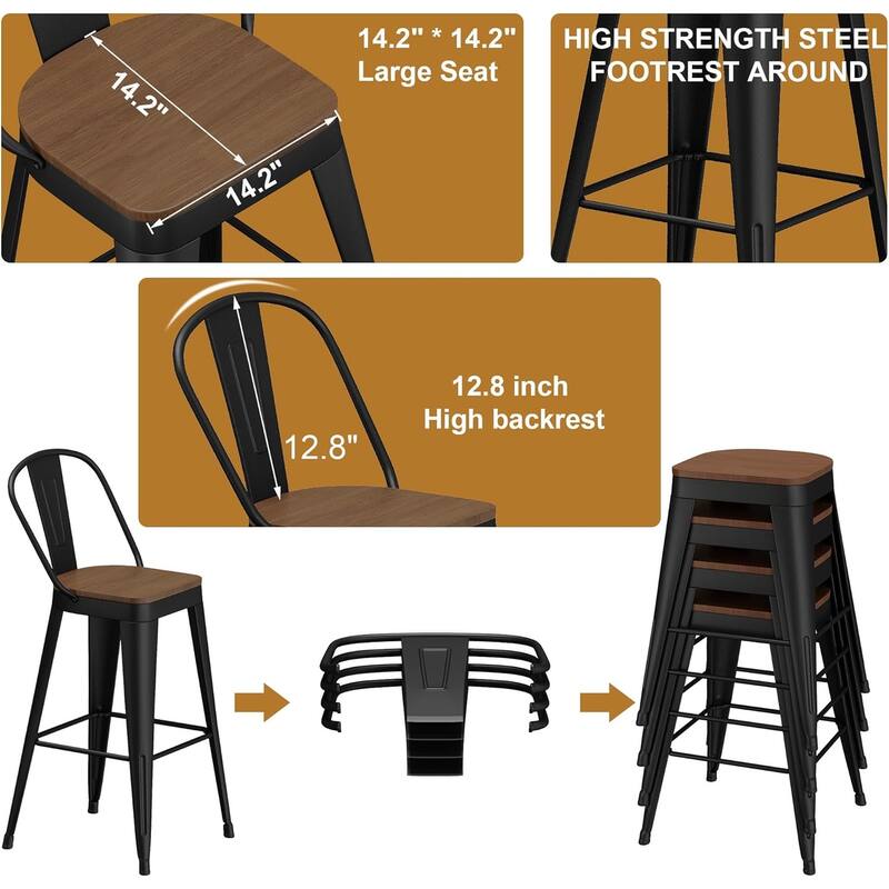 Counter Stools with Metal Frame Counter Height Bar stools with High Back 24" Kitchen Bar Furniture Stools with Wooden Seat