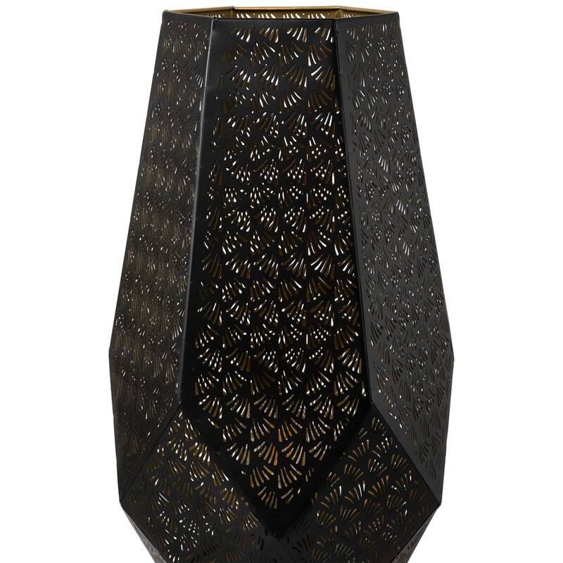 Laser-Cut Leaf Pattern Iron Table Lamp with Wood Base - 16.5" - Black and Gold - 16.5