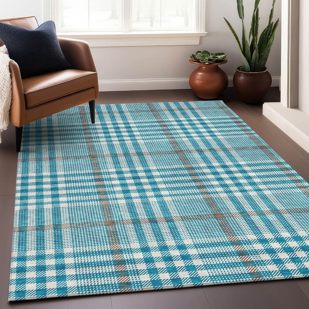 Machine Washable Indoor/ Outdoor Plaid Chantille Rug