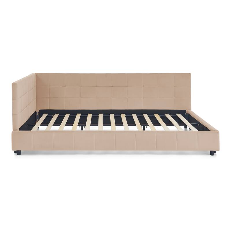 Full Size Daybed Grounded Bed Velvet Upholstered Tufted Bed Frame with L-shaped Backrest & Armrests for Livingroom or Bedroom